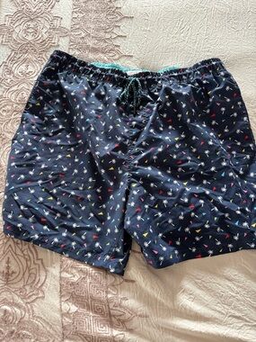 Men's Navy Tropical Print Swim Trunks